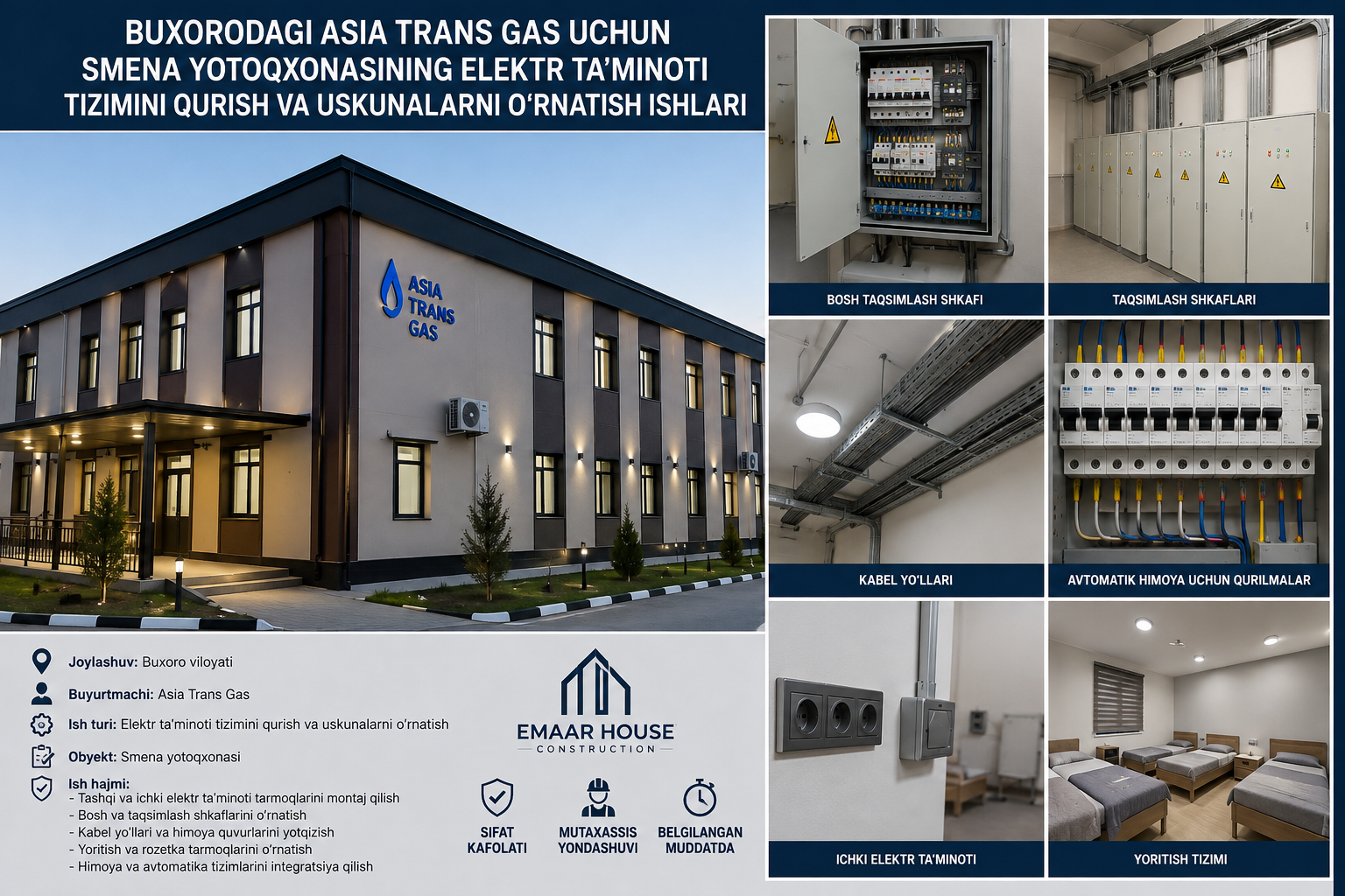 Buxorodagi Asia Trans Gas smena yotoqxonasi elektr ta’minoti loyihasi